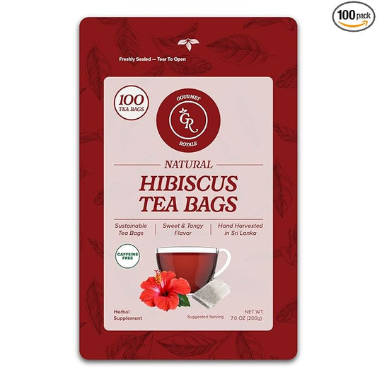 Gourmet Royale Hibiscus Tea, 100 Count, Sustainable Tea Bags, Pure Hibiscus Flowers, Caffeine & Sugar Free, Non-GMO & Vegan, Grown in Sri Lanka, (Pack of 1)