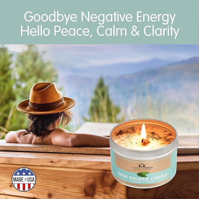 Sage Smudge Candle with White Sage Leaf (6oz) Manifest & Cleanse - Pure Sage Energy Cleansing Candle for Meditation – Spiritual for Protection & Intention – Soy Wax - Made in USA