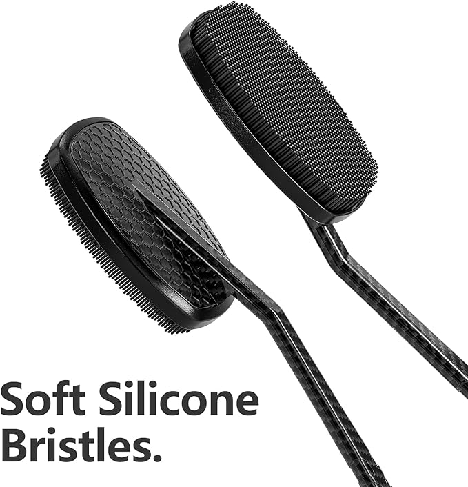 New Carbon Fiber Silicone Back Scrubber for Shower, Back Shower Brush with Long Handle Back Scrubber for Men and Women