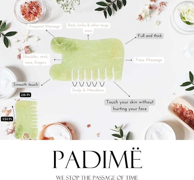 Padime 2 pcs | Premium Set Massage 2-in-1 | Rose Quartz Gua Sha Stone Facial Tools + Jade Comb Scalp Massager | Puffiness Reducing & Relieve Muscle Tension - Stimulates and Strengthens Hair Growth