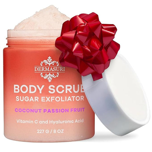 Dermasuri - Exfoliating Sugar Scrub - Body Scrubber for Men & Women - Exfoliates & Removes Dead, Dry Skin for a Soft & Radiant Glow - Deep Hydration - Stocking Gifts for Women - Coconut Passion Fruit