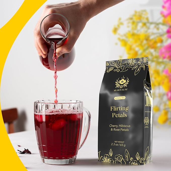 MyRoyalte Rose Petals Herbal Loose Leaf Tea - Earthy Hibiscus Tea Organic Rose Petals Blend with Sweet Floral Notes - Fragrant Aromas of Roses and Cherries Hibiscus Flowers Fruit Tea - High Caffeine