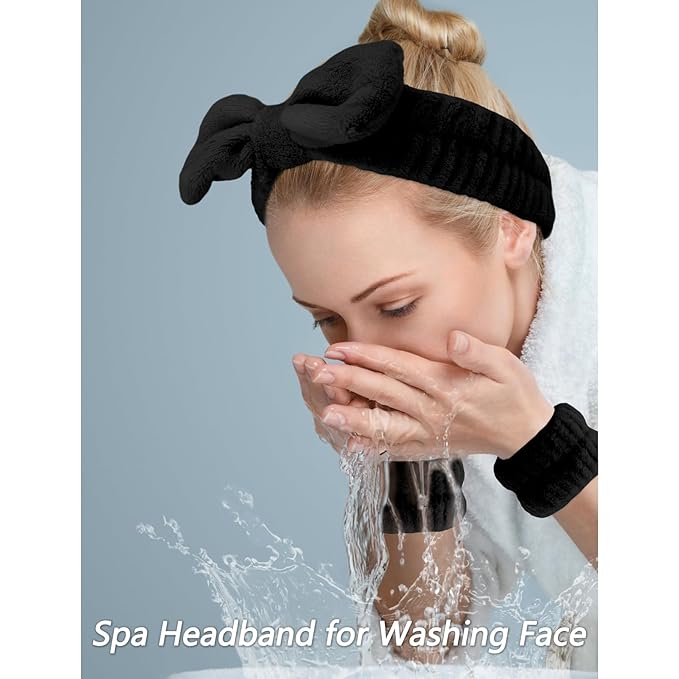 VELSCRUN 6 Pack Spa Headband, Makeup Headband, Face Wash Headbands, Skincare Headbands, Black Sponge Hair Band Bow Tie Spa Head Band for Washing Face Wristband Set Hair Accessories for Women Gifts
