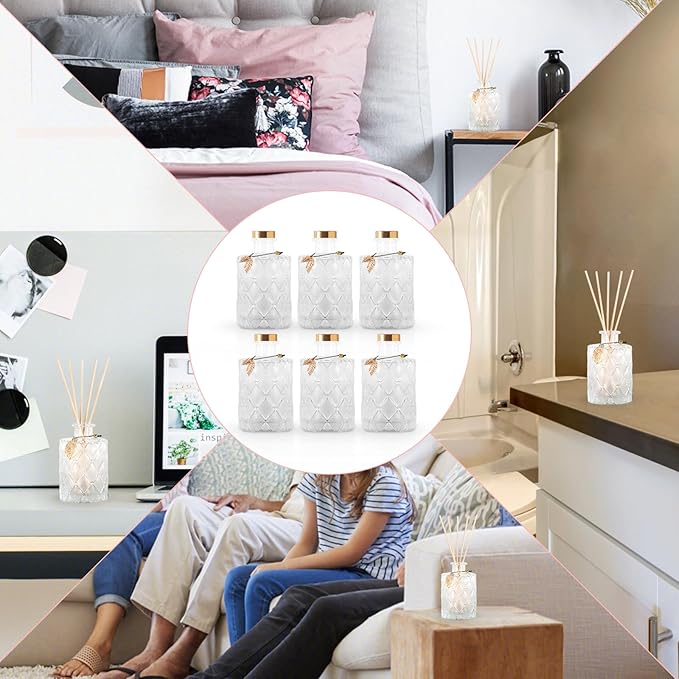 Glass Reed Diffusers Bottles for Home, Diffuser Bottles with 40PCS Reed Diffuser Sticks, Vintage Embossed Apothecary Style Flower Bud Vases with Cork Lids, Set of 6(Small Leaves )