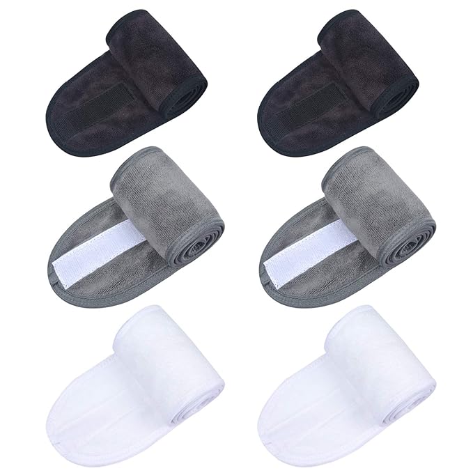 SINLAND Spa Headband for Women 6 Counts Ultra Soft Adjustable Makeup Hair Band with Magic Tape, Stretch Head Wrap for Bath, Shower, Facial Mask, Yoga