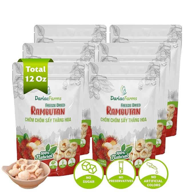 DARLAC FARMS Freeze Dried Rambutan Bites, Pack 6, No Sugar Added, Healthy Fruit Snacks for Kids, Adults & All Ages, Premium Organic Crispy Crunchy Snacks, Tea, Baking, Smoothie, Yogurt, 2 Oz