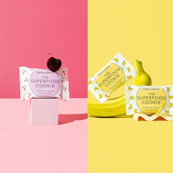 Love + Chew - Banana Bread and Cherry Almond Minis - 16 Count - Tasty, Gluten Free Cookies - Vegan - Healthy, Paleo, Non GMO - Individually Wrapped and Soft Baked with High Protein Almonds - 1 Oz Each