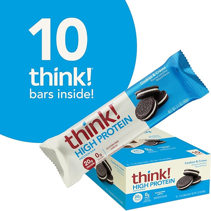 think! Protein Bars, High Protein Snacks, Gluten Free, Kosher Friendly, Cookies and Crème, Nutrition Bars, 2.1 Oz per Bar, 10 Count (Packaging May Vary)