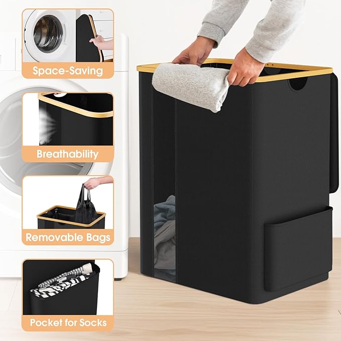 Laundry Basket Clothes Hamper with Lid and Side Pocket Large Collapsible Laundry Baskets with Handle, Freestanding Hampers for Bedroom Aesthetic, Dorm, Bathroom, Laundry Room (150L, Black)