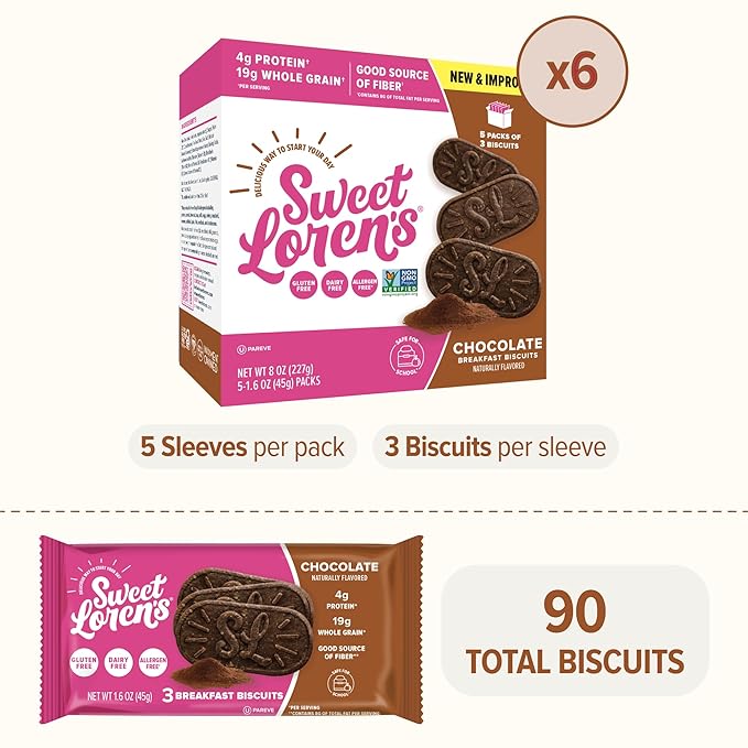 Sweet Loren's Vegan Breakfast Biscuits | Chocolate | 4g Protein, 19g Whole Grains | Plant Based, Gluten Free, Dairy Free, Nut Free Snacks | 6 Pack (30 Total Biscuits, 1.6 ounce each)