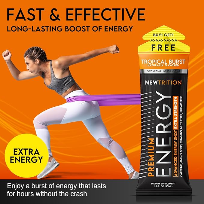 NewTrition® Extra Strength Energy Shots, 250mg Caffeine Shots with Vitamin B & Amino Acids, Sugar-Free Vitamin Energy Shot, 1.7 fl oz (Pack of 24, Tropical Burst)
