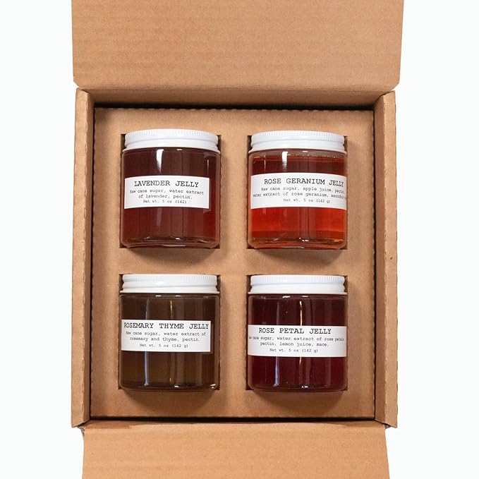 Four Pack Herbal Jam and Jelly Gift Set | Lavender Jelly | Rose Geranium Jelly | Rose Petal Jelly | Rosemary Thyme Jelly | 4-pack - 5 oz Jars | Mini Jam Jars Gift - Unique Gourmet Flavors