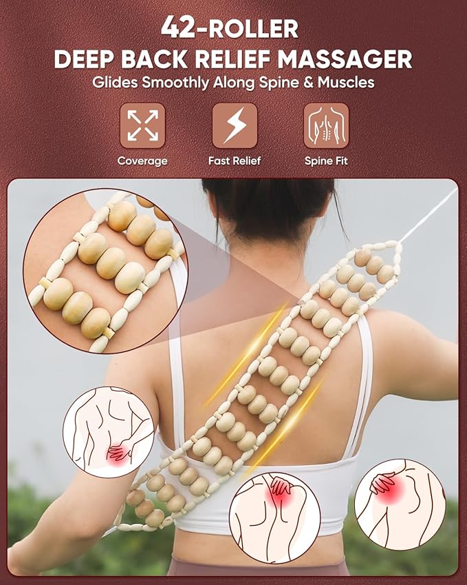 ONUEMP 2PCS Wood Therapy Massage Tools, Wooden Massage Roller Stick & Back Massager Roller Rope, Maderoterapia Kit Colombiana for Lymphatic Drainage, Anti Cellulite, Body Sculpting, Ease Deep Tissue