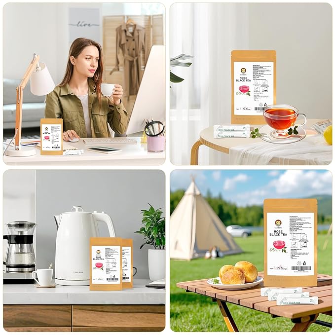 Gao Keng Rose Instant Black Tea Classic-100% Tea Leaves 10 Single Serve Stick Packs Unsweetened No Additives On-the-Go for Travel, Work, Outdoors , Helps Support Digestive Health Hot or Iced Teas (10Count)