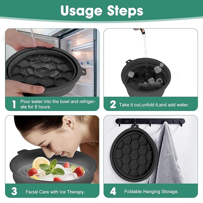 Face Bowl for Ice Silicone Facial Bowls with Built - in Tray Foldable Washbasin for Face Tub Plunge & Cold Plunge Quick Skin Cooling in Ice Baths -Bath Spa Tool for Home Camping Travel & Black