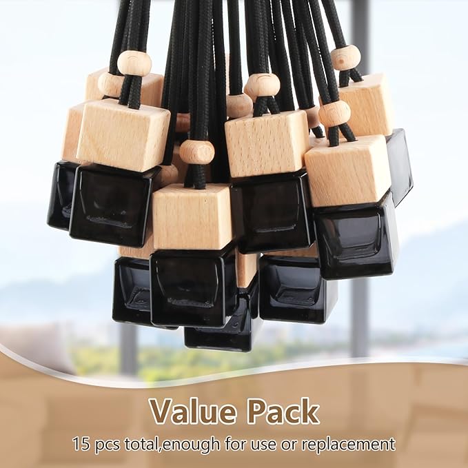 15 Pcs Hanging Car Air Freshener Bottle Empty Car Essential Oil Diffuser Bottles Pendant Black Glass Perfume Bottles Aromatherapy Fragrance Bottle Auto Ornaments Decor