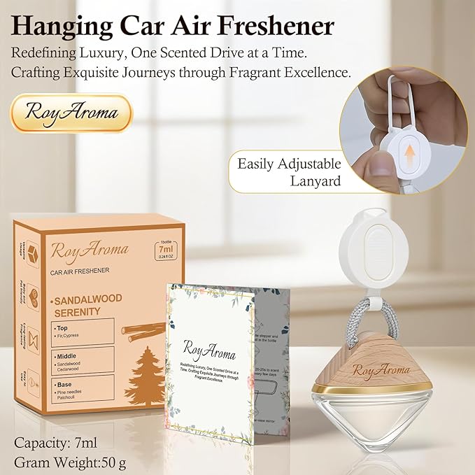 Car Air Freshener Hanging Diffuser with Adjustable Rope | Long Lasting Natural Essential Oil Scent for Cars | Non-Toxic Car Fragrance for Men & Women | Sandalwood