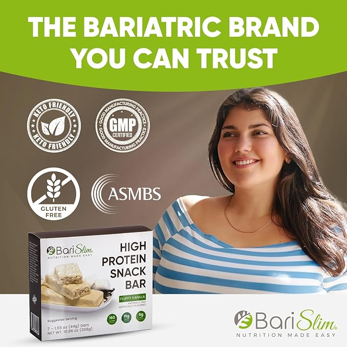 BariSlim High Protein Snack Bar for Bariatric Patients - Nutrient Rich Snack for Post-Surgery Wellness - Ideal for Weight Loss Maintenance & Daily Nutrition | Fluffy Vanilla Bar (13 oz)