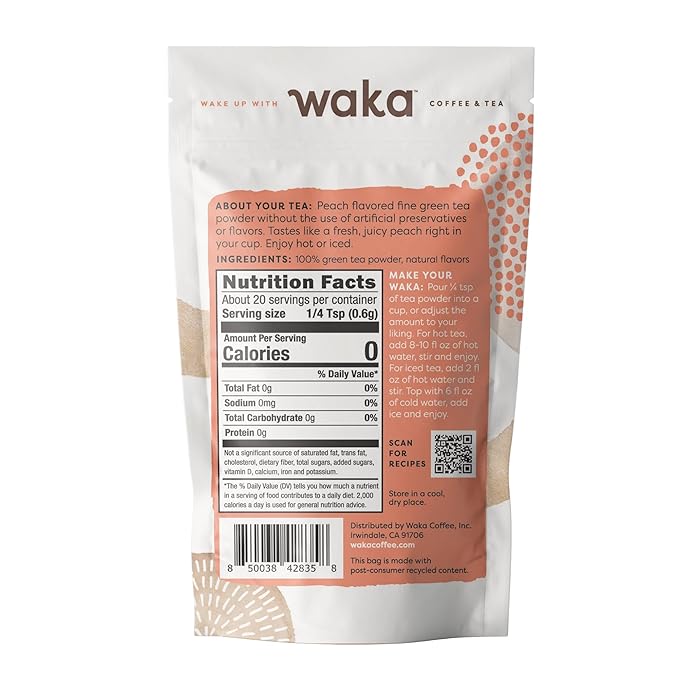 Waka Instant Green Tea Mix, Peach Flavored - 100% Tea Leaves, No Additives, Unsweetened Sample/Travel Size Tea Powder - Easy Quick Hot and Iced Teas, Up to 20 Cups or 5 Quarts (.45oz)