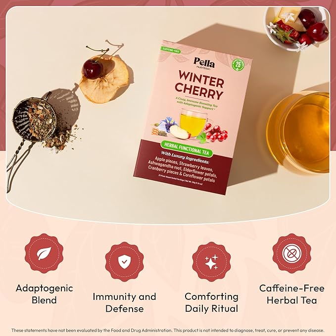 Winter Cherry Ashwagandha Herbal Tea – With Strawberry, Cranberry, Apple, Elderflower, Cornflower – Vegan, Kosher, Caffeine-Free – Hot or Iced Tea Bags – Adaptogenic & Immune Health Support (25 Count)