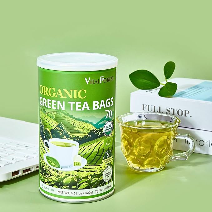 Organic Green Tea Bags| 70 Count VitalForest Unbleached ECO-Conscious Chinese Green Tea Packets| Te Verde Organico Natural Premium Real China Herbal Tea