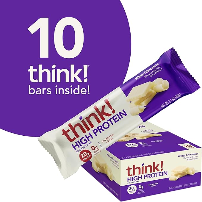 think! Protein Bars, High Protein Snacks, Gluten Free, Kosher Friendly, White Chocolate, Nutrition Bars, 2.1 Oz per Bar, 10 Count (Packaging May Vary)