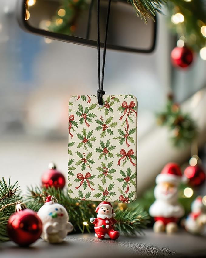 Red and Green Christmas Berry Car Air Freshener 4 Pcs, Red Bow Holly Matchbox Village Xmas Tree Hanging Air Freshener for Cars Closet Drawer Books, Girly Car Accessories Mirror Decor for Women