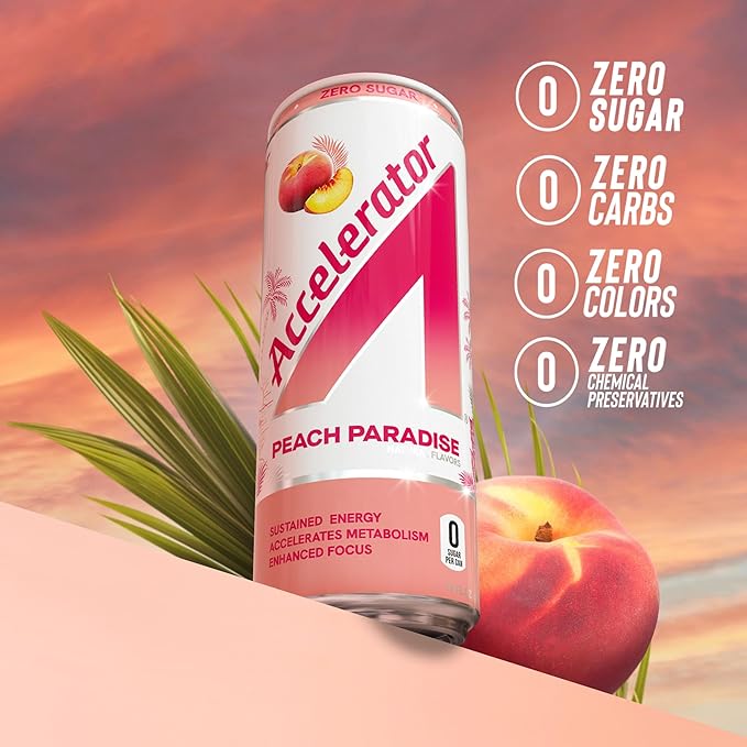 Accelerator Energy Drink Sugar Free, Peach Paradise 12oz can(12 pack)Zero Sugar Energy Drinks with Sustained Energy from 100% Natural Caffeine (200mg) & Green Tea extract