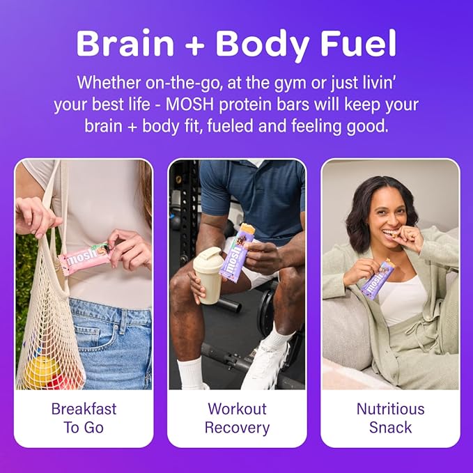 MOSH Hazelnut Chocolate Chip Vegan Protein Bars, Plant Based, Keto, Gluten Free, Brain Healthy Snack with Cognizin, Ashwagandha and Lion's Mane, 12 Count