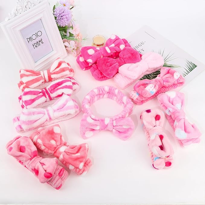 Casoty 12 Pcs Hair Makeup Headbands, Spa Headband for Washing Face, Soft Coral Fleece Headbands for Makeup, Bow Hair Band for Face Washing Shower Skin Care Yoga