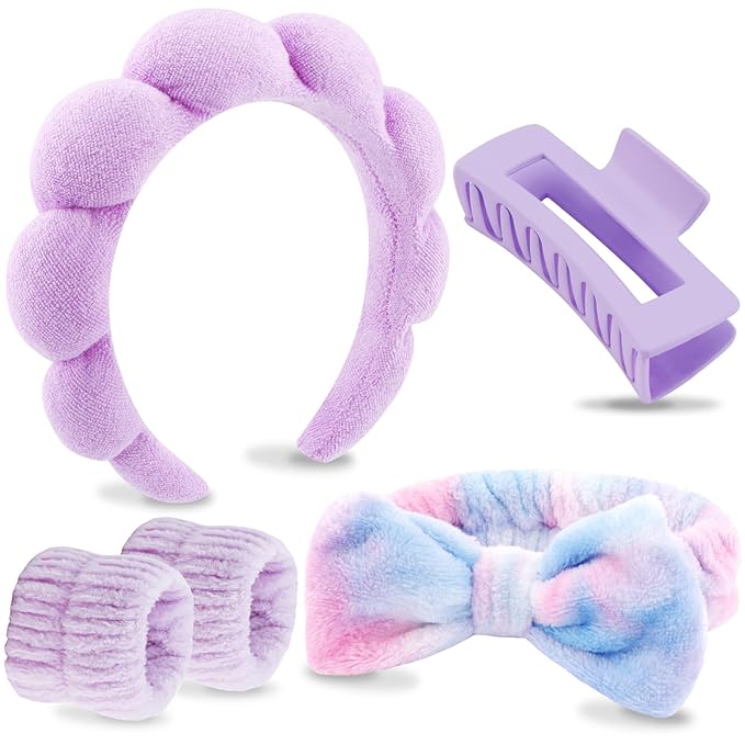 VELSCRUN Spa Headbands for Wash Face, Makeup Headband, Facial Skincare Headbands, 5 Pcs Purple Colourful Puffy Sponge Spa Headband Bow Tie Hair Band Hair Clips Wristband Set Women Girls Accessories