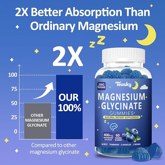 Magnesium Glycinate Gummies 400mg - Sugar Free Vegan Gummies for Adults & Kids with Vitamin D3, B6, C, CoQ10, Collagen, Zinc - Sleep, Muscle, Bone & Memory Support - 60 Blueberry Chewables