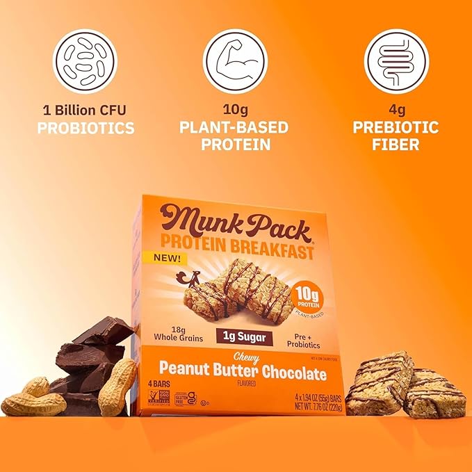 Munk Pack Probiotic Protein Breakfast Bars - 10g Plant Protein, 1g Sugar, 6g Fiber – For Adults & Kids, Low Sugar Snack, Gluten-Free, Diabetic-Friendly, Non-GMO, Sampler Pack- 5 Pack