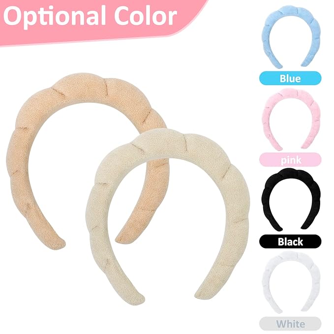 AMCAMI 2 PCS Puffy Spa Headband for Women Sponge Headbands for Girls Terry Towel Cloth Fabric Head Band for Skincare, Makeup Removal(Beige&Light coffee)