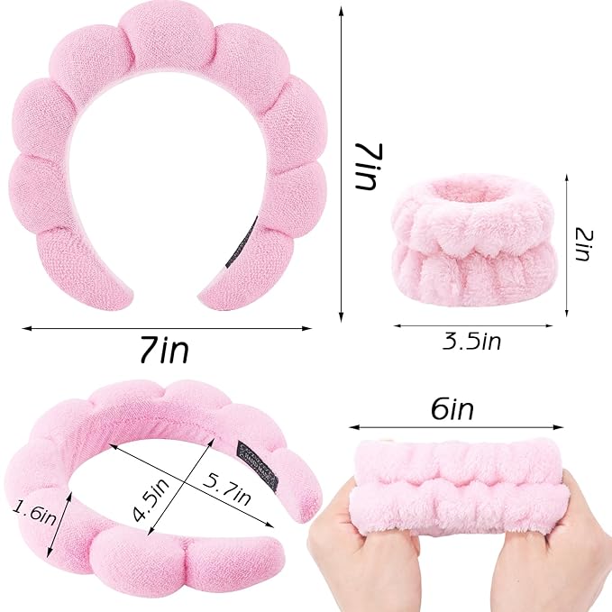 Zkptops Spa Headband for Washing Face Wristband Set Sponge Makeup Skincare Headband Terry Cloth Bubble Soft Get Ready Hairband Women Girl Puffy Padded Headwear Non Slip Thick Hair Accessory(Pink-2)