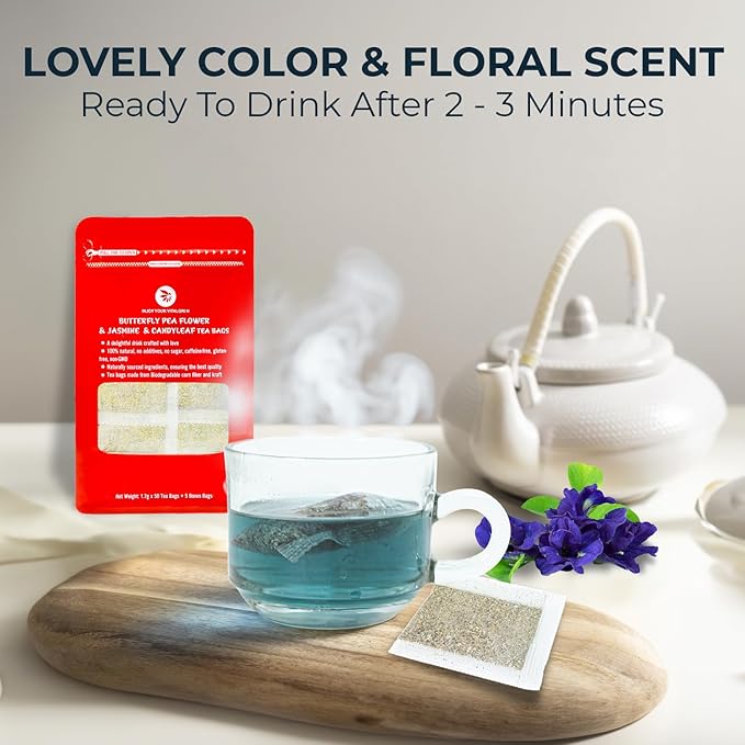 Butterfly Pea Flower Tea with Jasmine & Stevia - 55 Count (+5 Tea Bags) - 4.44 oz, Bamboo Tong, No Sugar Added & No Additives, Re-Steep Natural Herbal Tea Blend for Skin,Support