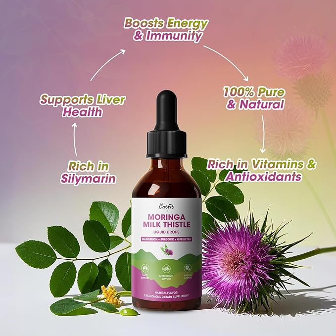 Catfit Milk Thistle Liver Detox Drops – Liver Cleanse Detox & Repair with Moringa, Dandelion, Burdock & Green Tea – Liquid Herbal Supplement for Liver Support & Liver Health, Vegan, 2 Fl Oz