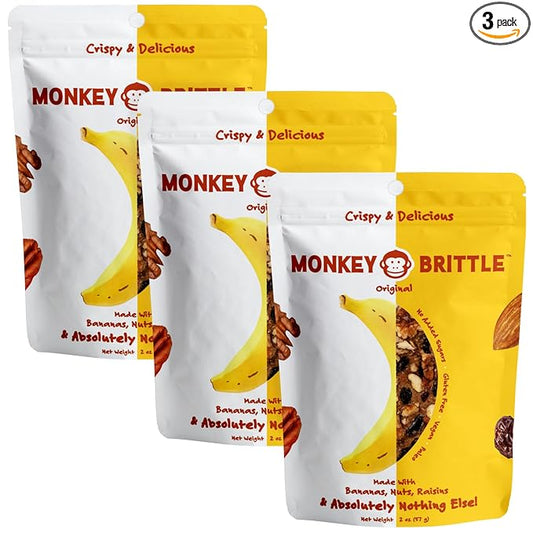 Monkey Brittle Healthy Snacks, Crispy Plant-Based Treats for Kids & Adults, Vegan & Gluten-Free, All-Natural Snack for School, Sports, Camping & On-the-Go (Pack of 3), Original