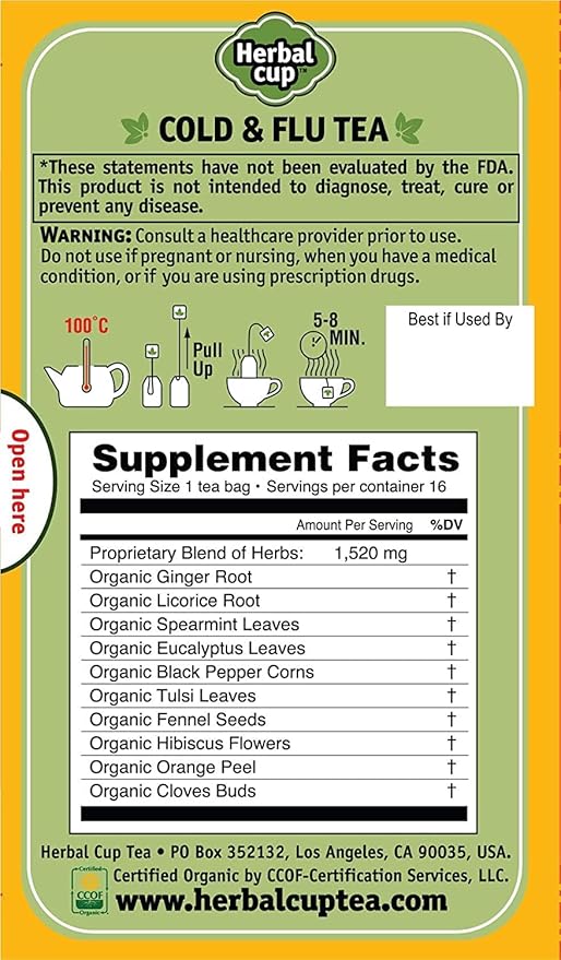 Herbal Cup Ayurveda Cold & Flu Tea, Organic Health & Wellness, No Caffeine Herbal Teas (16 Count, Pack of 1)