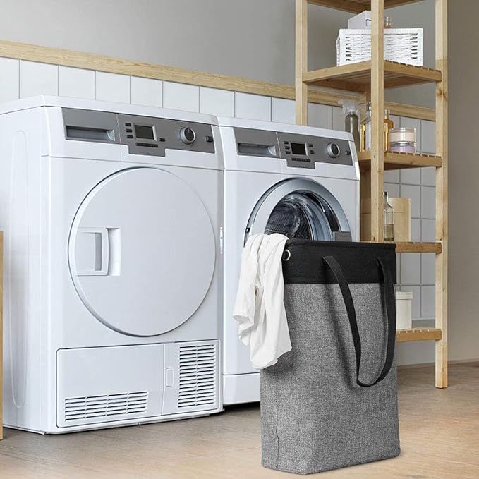 i BKGOO Laundry Basket with Handles Black&Grey-Slim Laundry Bin Collapsible Dirty Clothes Basket Narrow Laundry Bag Foldable Dirty Hamper for Camping, Dorms, Apartments