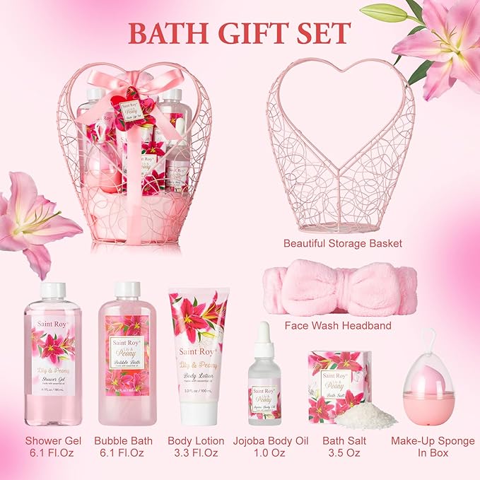 Gift Basket For Women, Mother's Day Gift for Mom Spa Set Lily & Peony Home Spa Set, Beauty Personal Care Set Jojoba Oil, Spa Self Care Kit, Bath Body For Thank You, Birthday, Christmas Gifts for Women