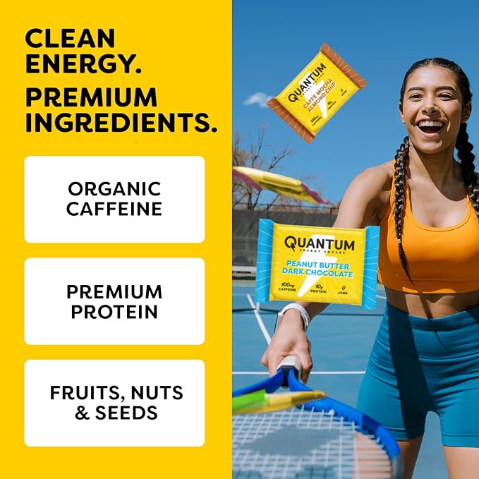 Quantum Energy Square: Energy Bar with Caffeine & 10g Protein. Delicious Healthy Snack On The Go. (Vegan, Gluten-free, Soy-free, Dairy-free) (Variety 12-Pack)
