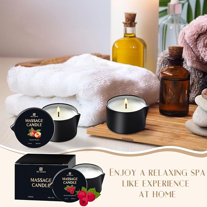 3 Pack Soy Massage Oil Candles 2.35oz Low Temp Massage Candles 3 Scent Spa Therapy Body Oil Home Gift for Relaxation, Couples, or Self-Care (Sweet Peach, Passion Raspberry, Tropical Mango)