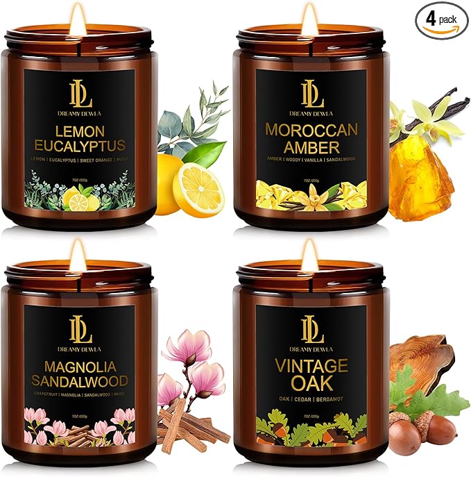 Scented Candle Set, Men Candle Set, Candles for Home Scented Gifts, 4Pack 28oz Soy Candles, Scents of Lemon Eucalyptus/Moroccan Amber/Magnolia & Sandalwood/Vintage Oak