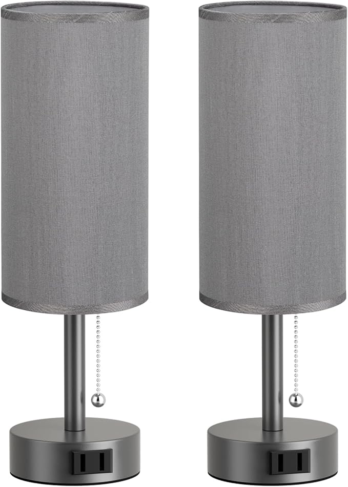 Fenmzee Dark Grey Bedside Table Lamps Set of 2-3 Color Temperatures Pull Chain Lamp with AC Outlet Charging Port, Small Round Night Stand Lamps for Bedroom, Bed Side Light with E26 LED Bulbs