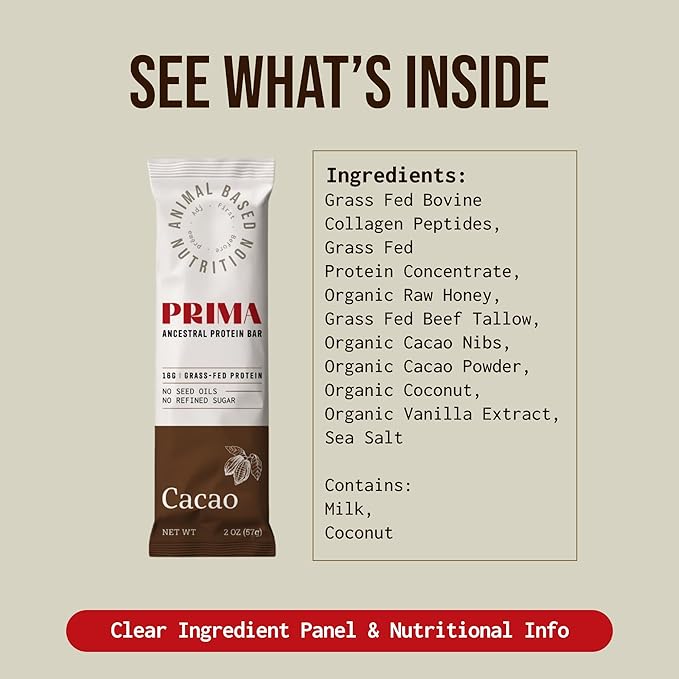 PRIMA ANCESTRAL PROTEIN BAR Grass Fed Protein Bars, 7 Pack – Animal-Based Protein Bar with Beef Tallow, Raw Honey, Seed Oil Free, Low Carb, Gluten-Free – Healthy, Energy Snacks for Clean Lifestyle (7 Pack, Cacao)