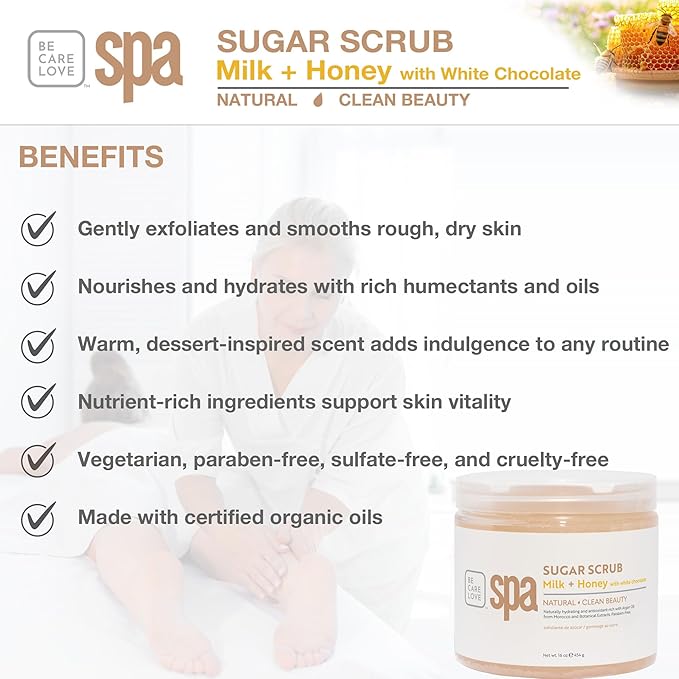 BCL SPA sugar scrub | organic Milk and Honey with White Chocolate exfoliating body scrub removes dead, dry skin for a soft & hydrated feel, nourishing essential body care 16 oz