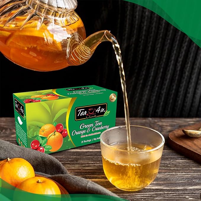 Tea4U Orange & Cranberry Flavor Green Tea - Hand Picked Leaves from Sri Lanka - Rich in Antioxidants - Smooth & Hydrating - Convenient Packaging of 25 Tea Bags