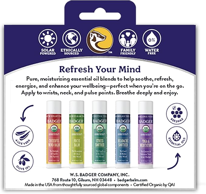 Badger Aromatherapy Travel Set, Organic Essential Oil Balm Variety Pack, Aromatherapy Gift Set, 1 Cheerful Mind, 1 Stress Soother, 1 Focus Balm, 1 Headache Soother, 1 Yoga & Meditation Balm, 5-Pack
