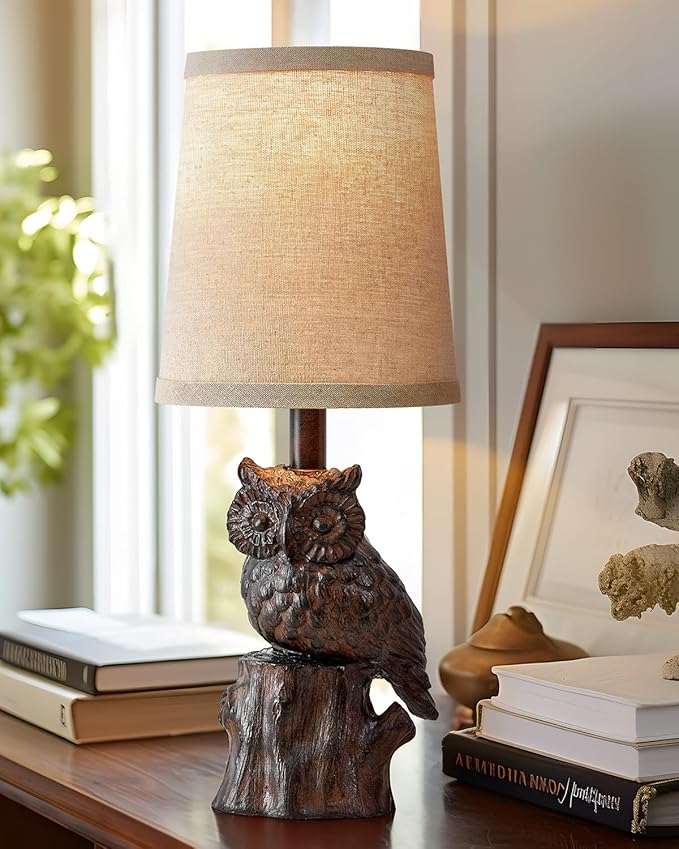 14.25" Small Table Lamp for Living Room Farmhouse Bedside Resin Single Lamp with Brown Owl Lamp Shape for Bedroom Retro Rustic Nightstand Lamp